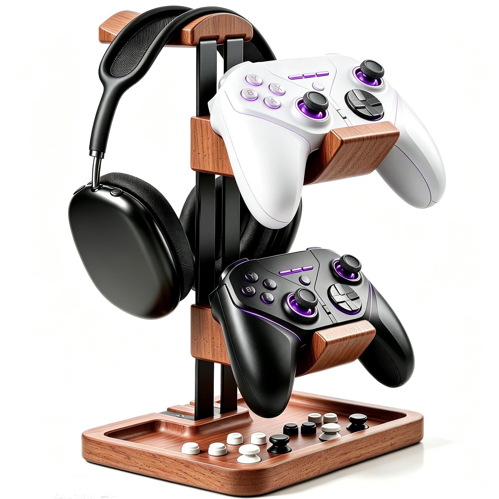 LOXP Supporto per cuffie e controller in noce, 2 in 1, in legno massello, con base di stoccaggio, adatto per controller Xbox PS5, organizer da scrivania per giocatori