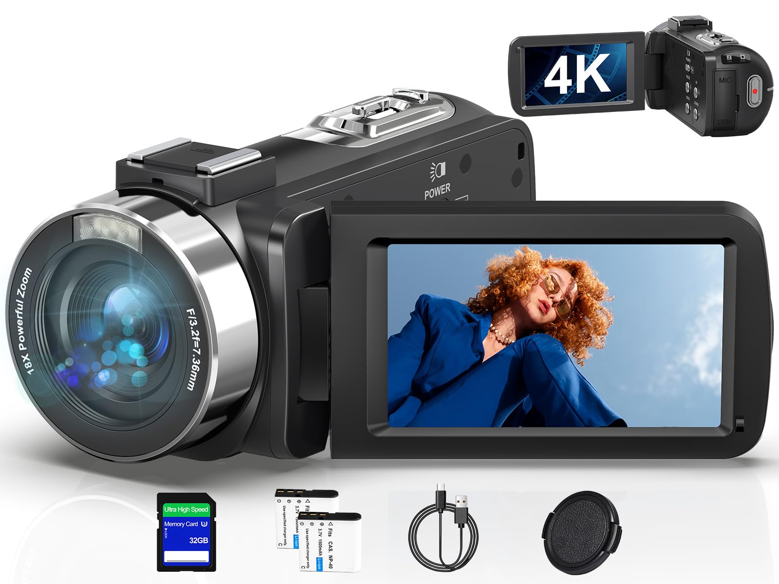 Caméscope 4K Caméra Vidéo 80MP Vision Nocturne Zoom 18X Vlogging Camera