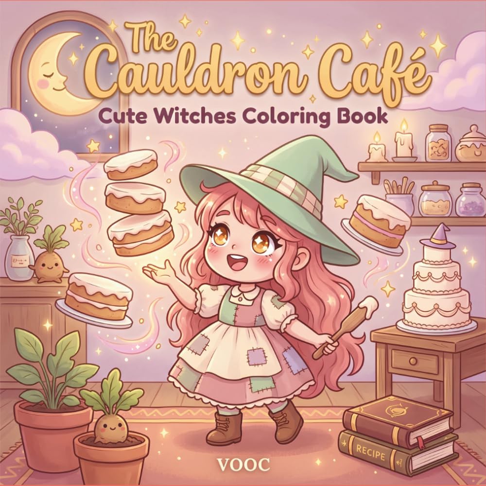 The Cauldron Cafe: Cute Witches Coloring Book with 40 Kawaii Chibi Scenes of a Magical Bakery and Potion Shop for Adults Teens Stress Relief (Pawsitively Naughty - Funny and Cute Coloring)