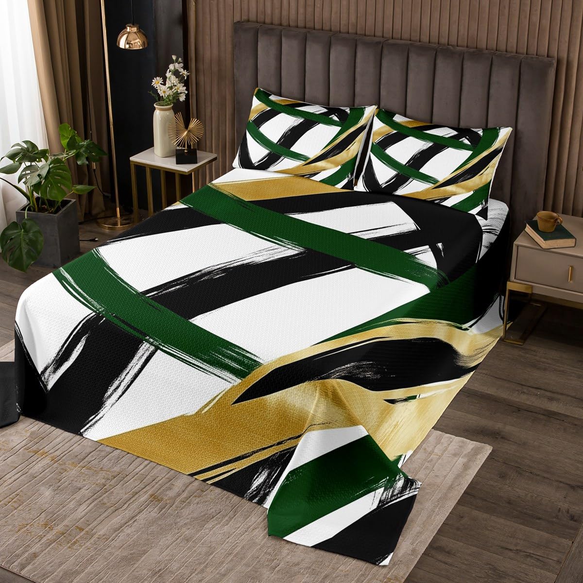 Abstract Stripe Patchwork Kids Bedspread Twin Size,Geometric Line Artwork Modern Coverlet Set,Girls Boys Room Decor,Geometry Waves Quilted Coverlet,Black Green Golden Bedding Quilt,1 Pillowcase