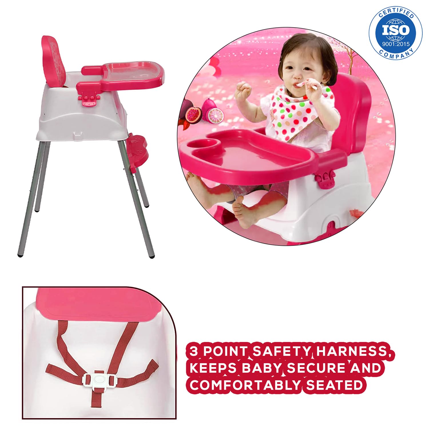 Safe-O-Kid® Velin 4 in 1 Convertible Feeding Chair, With1 Year Warranty, Baby Booster Seat for Baby with 3 Points Safety, Adjustable Tray for 6 to 36 Months Weight Up to 15 Kgs-Pink 2