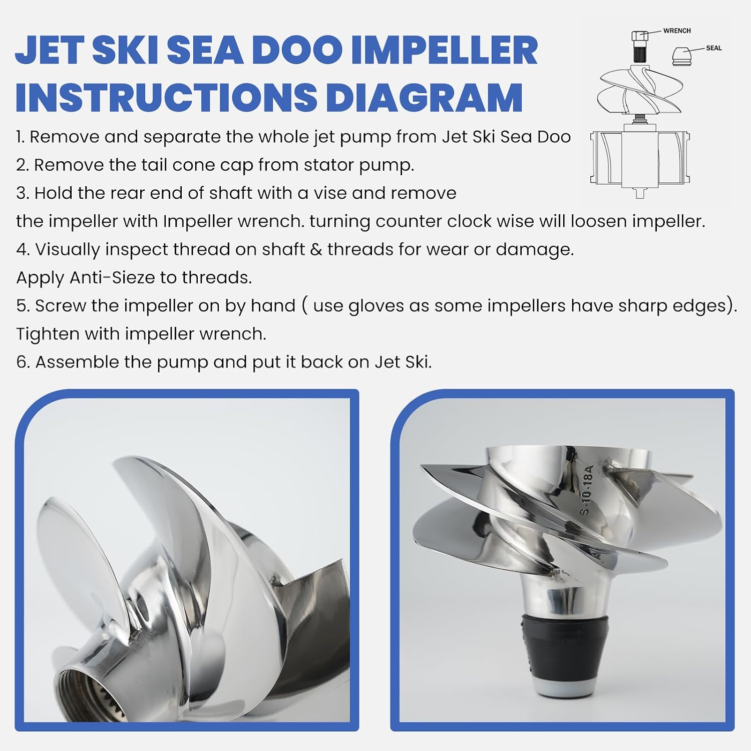 Jet Ski Impeller Fit Seadoo SR-CD-10/18A GTI 130 GTI SE 130 GTI SE 170 GTX 170 Wake 170 Fish PRO 170 GTS 130 GTS PRO 130,4-Blade Polished 155.5MM Diameter