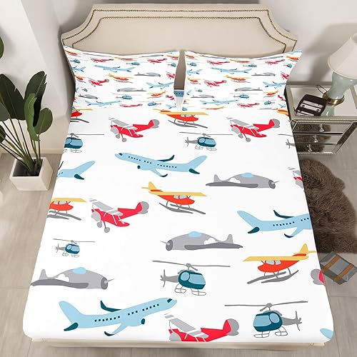 Miniatura 3 de Feelyou Juego de sábanas de avión de dibujos animados, juego de ropa de cama con vehículos de carreras de aviones, sábana bajera ajustable blanca y