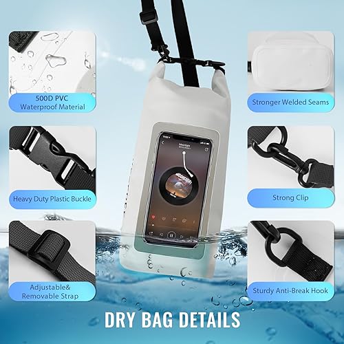 Miniatura 3 de Bolsa seca impermeable, mochila enrollable impermeable para viajes, kayak, rafting, camping, surf, barco, senderismo, playa y pesca (2 L, blanco y