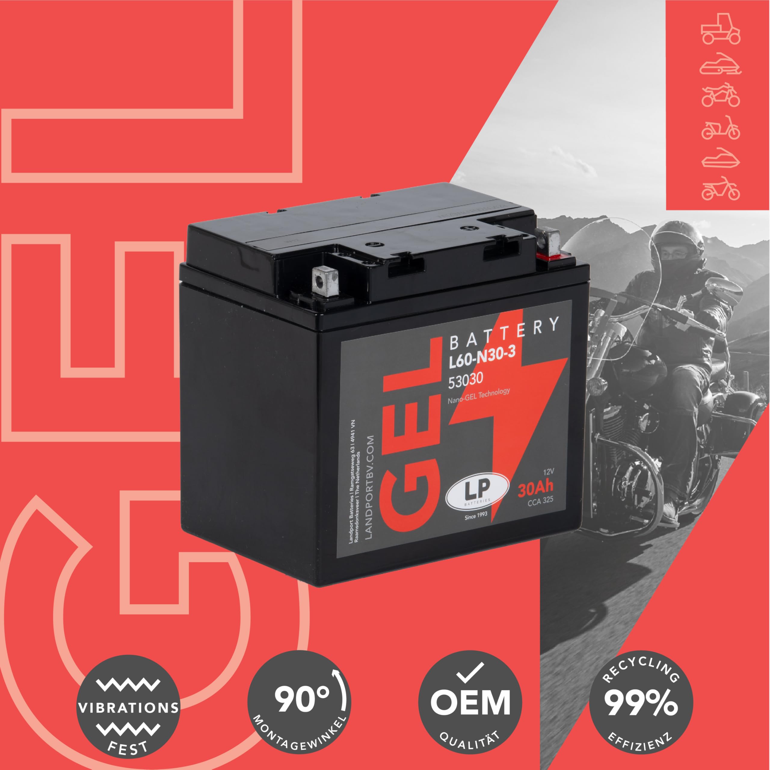 LANDPORT Batterie 12V 30Ah Gel kompatibel BMW K100 K1100 K75 R100 RT R60 R65 R75 R80 R90 HD FLHRC FLHT FLHXSE