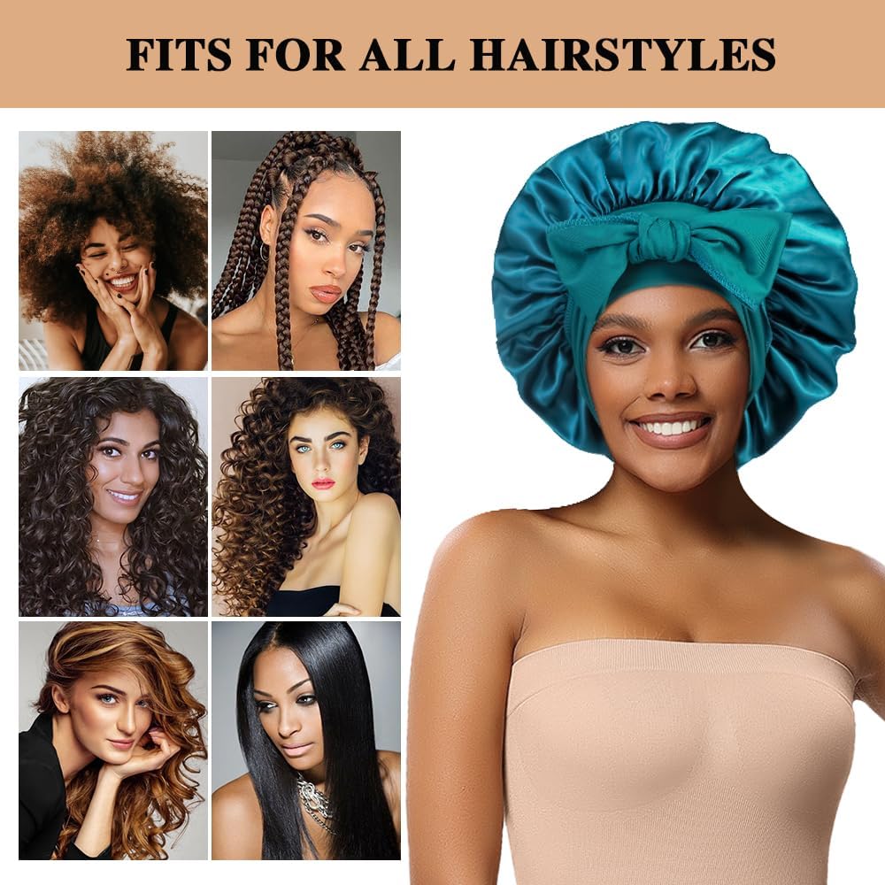 2+3 Large Satin Bonnets with Scrunchies for Women, Hair Bonnet Sleeping Tie Bonnet for Braids Curly Hair - Image 4