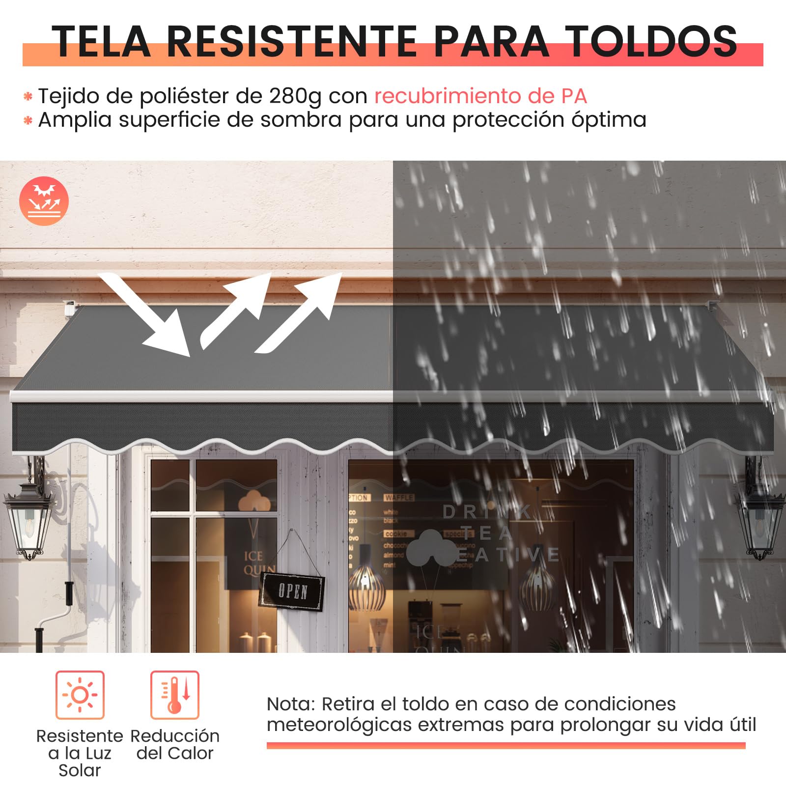RELAX4LIFE Toldo Exterior Terraza de Marco Aluminio 2,5x2m (Gris) | con Manivela y Ángulo Ajustable 40-100°, Toldo Retráctil con Brazo Articulado, Protección Solar y de Agua para Balcón