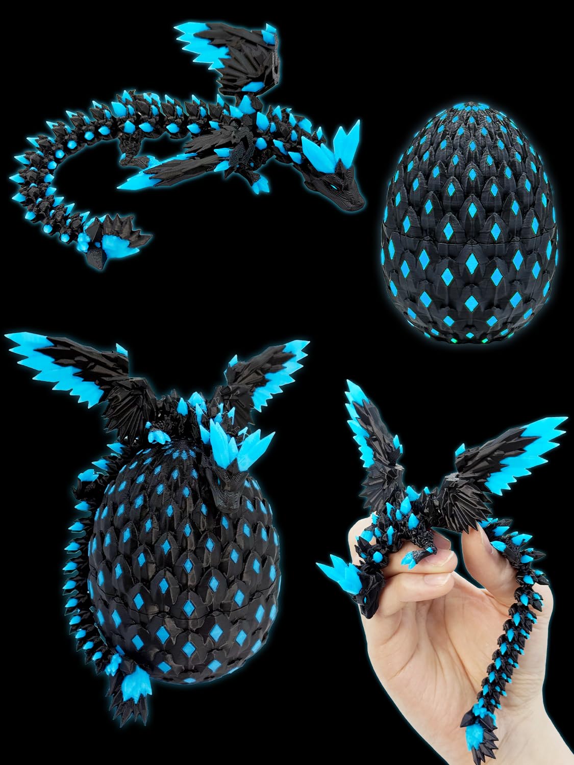 JoryHeim 3D Drachenei mit Drache & Nachtleuchten Effekt - 3D Drache mit Flügeln, UV-aktiviertes Leuchten im Dunkeln, 10cm Sammlertücke, Geburtstage und Ostern (Schwarz Blau)