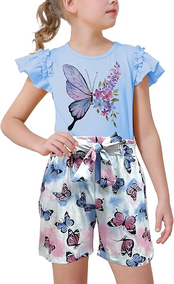 mksodop Girls outfits 2-Piece ruffled short sleeve butterfly floral print high waist floral shorts girls summer clothes