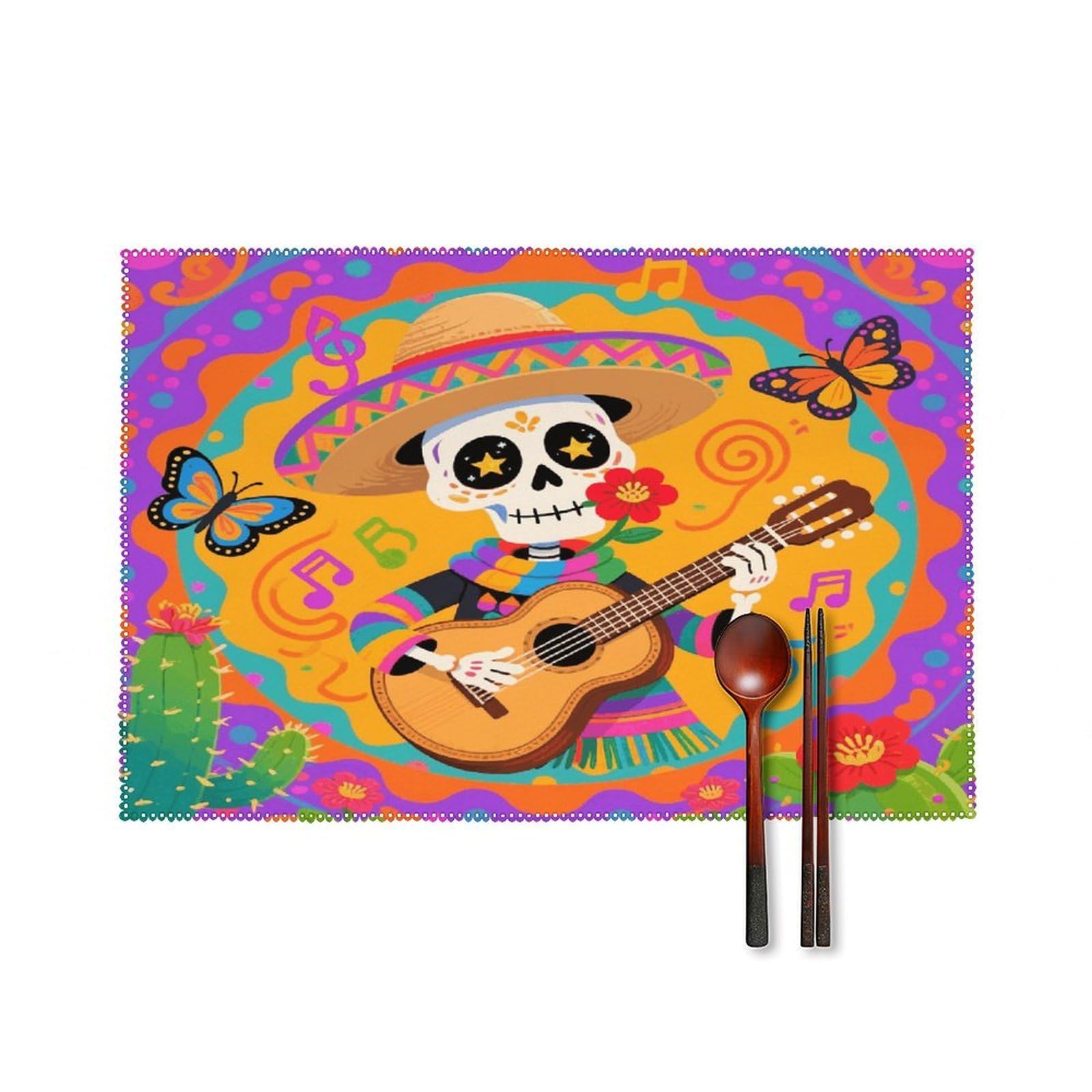 Sugar Skull Placemats Set of 4 Heat Resistant Non-Slip Place Mats for Dining Table Washable Placemat Wipeable Dining Table Mat Canvas Place Mats Dining Table Decor