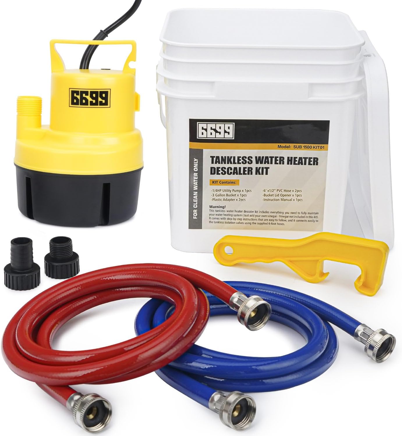 Tankless Water Heater Flushing Kit Includes 1/4HP Submersible Sump Pump with Two Adapters & 3 Gallons Pail with Bucket Lid Opener & Two 1/2” Dia X 6’ PVC Hoses with Washers