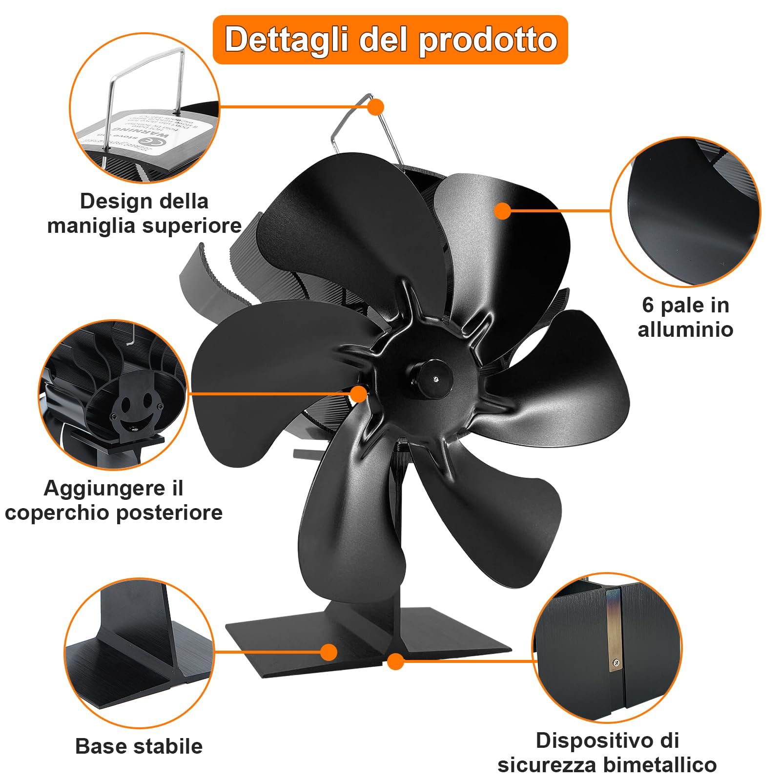 Ventole per stufe camino, Ventilatore Per Camino A Legna, ventilatore a 6 pale, ventilatore per caminetto a 6 pale, ventilatore per stufa a legna/stufa da cucina/caminetto/stufa a gas
