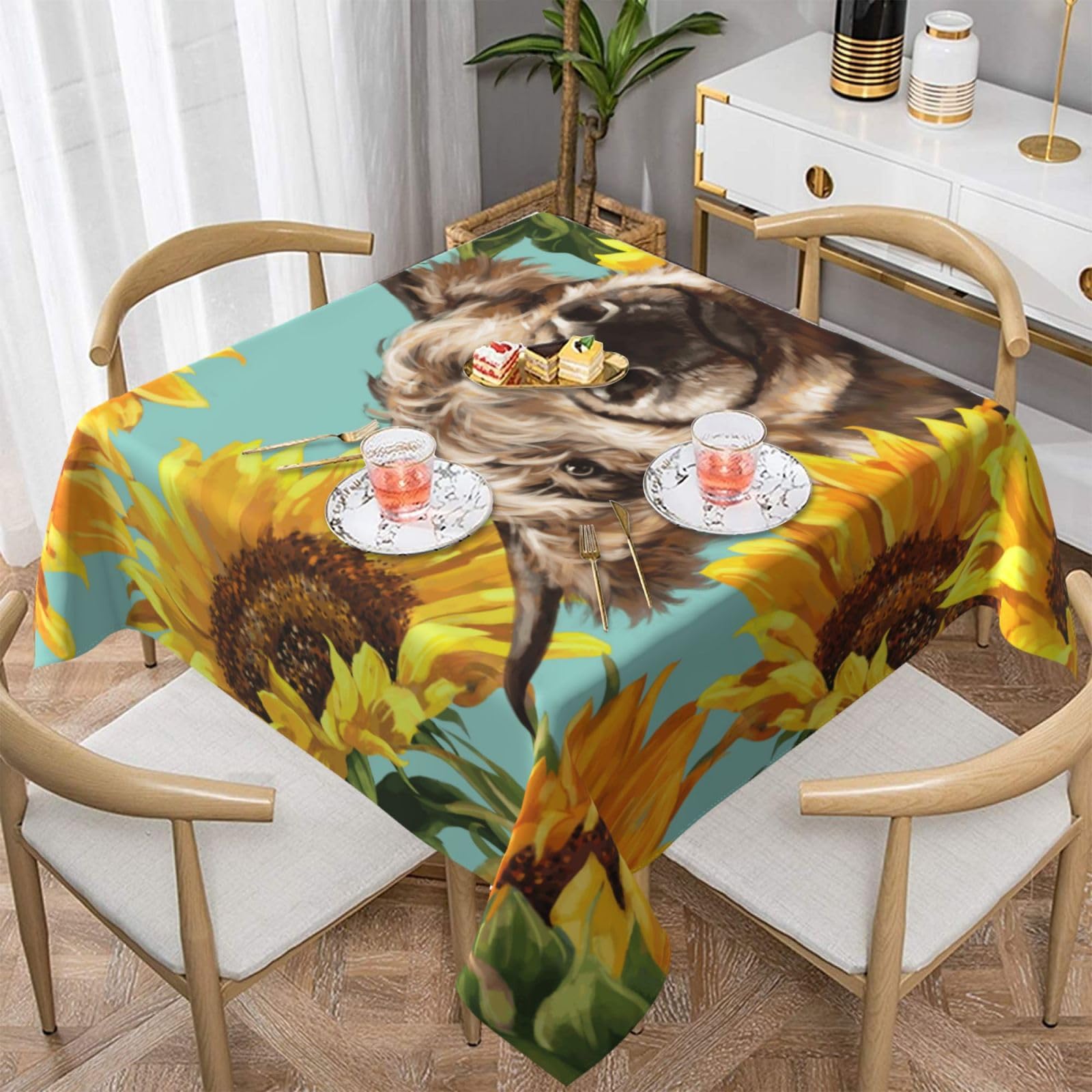 DCEHGEW Cow with Sunflowers in Blue Prints Square Tablecloth 137x137 CM, Waterproof Fabric Table Cloth for Dining Table, Farmhouse Table Cover for Kitchen Dining Tabletop Decoration