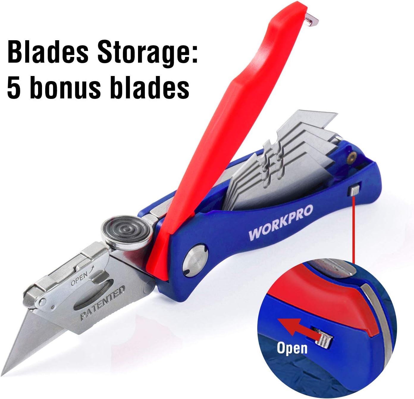 WORKPRO Folding Utility Knife, Quick-Change Box Cutter, Blade Storage in Handle with 5 Extra Blades Included