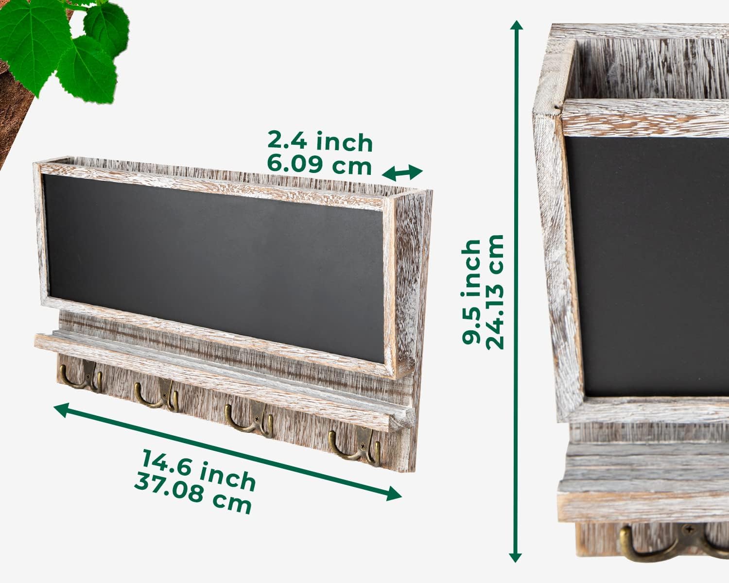 Rustic 1-Slot Mail Sorter Organizer for Wall w/Chalkboard Surface & 4 Double Key Hooks - Wooden Wall Mount Mail Holder Organizer – Wall Décor for Entryway Made of Paulownia Wood - Distressed White : Office Products
