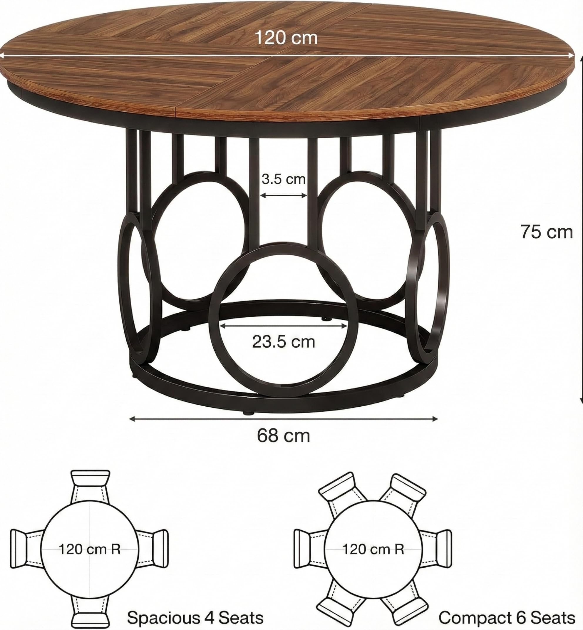 Lailang 120cm Mesa Comedor, Mesa Cocina Redonda, Mesa de Jantar Redonda, Muebles Rusticos, Mesa Redonda para 4 Personas, Mesa Comedor 120, 120 x 120 x 75 cm, Brown & Black