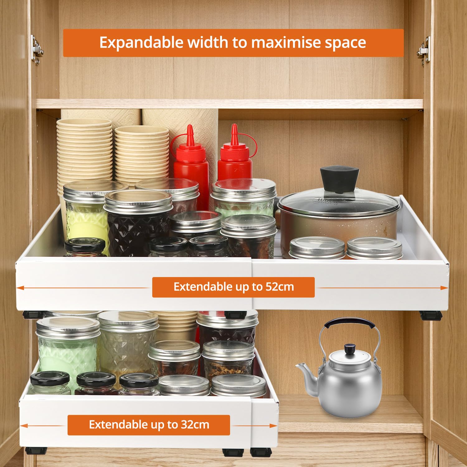 QWORK® Cassetto Telescopico, espandibile da 32 cm a 52 cm, bianco, per riporre cucina e bagno, senza foratura, acciaio al carbonio