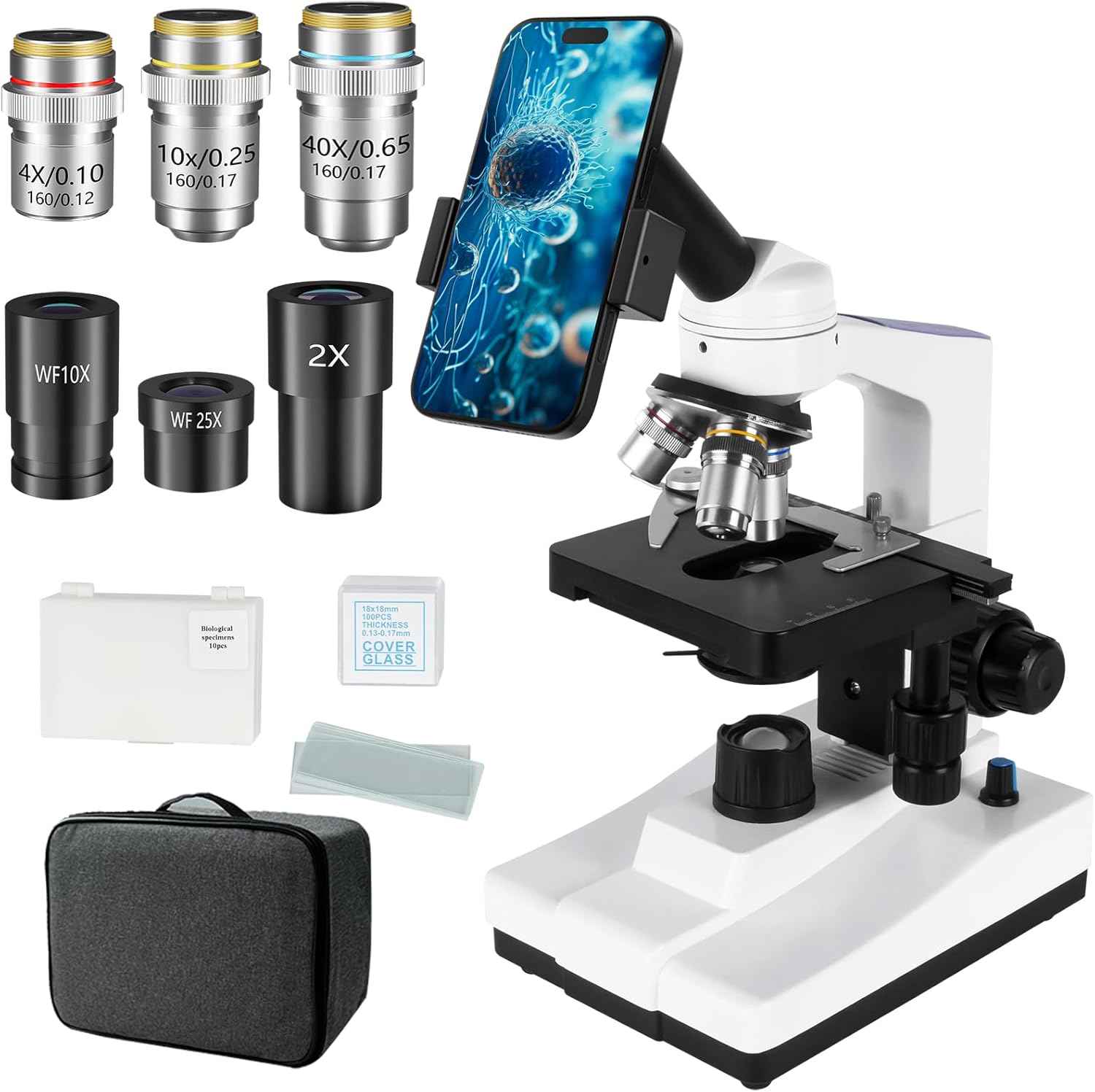 Professional Compound Monocular Microscopes for Adults, Kids | 2000X Magnification Lab & Home Microscope with Dual Mechanical Stages, Phone Adapter, Complete Slides Set