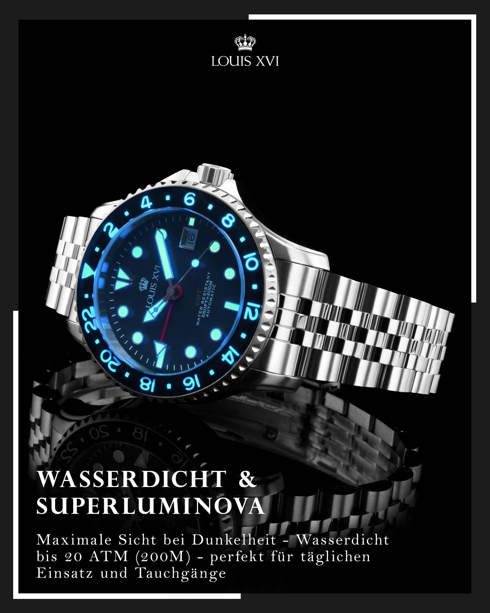 LOUIS XVI Mirabeau GMT 1434 - Ø 41 mm - Herren Uhr - Wasserdicht - Uhr mit Saphirglas - Armband Silber - Zifferblatt Schwarz - Automatikuhr