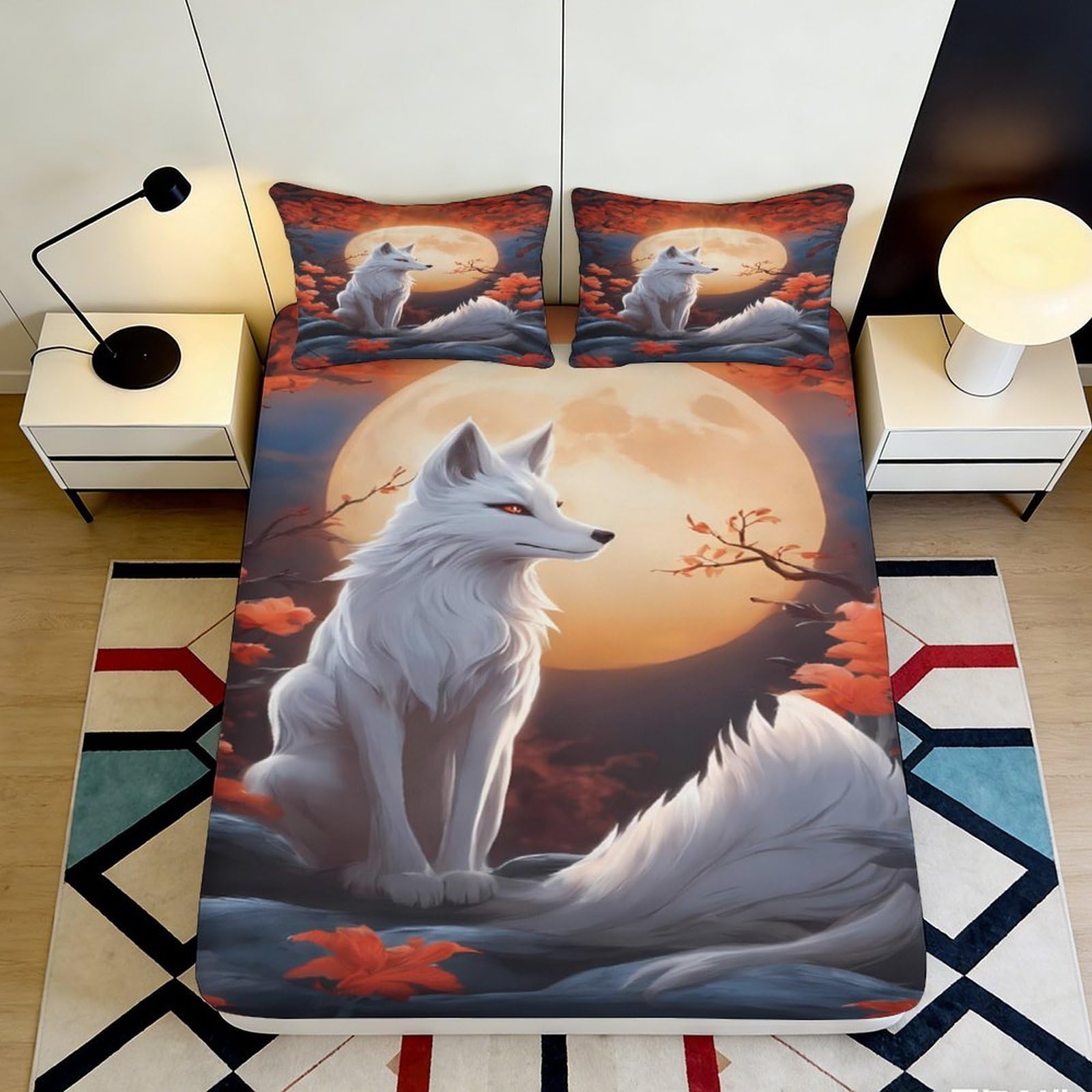 Decorative White Fox Fitted Sheet 3D Printed with soft touch Microfiber, wrinkle resistant, apartment bedding, stylish room accent, bed cover for bedroom or guest room use 90x200x25cm