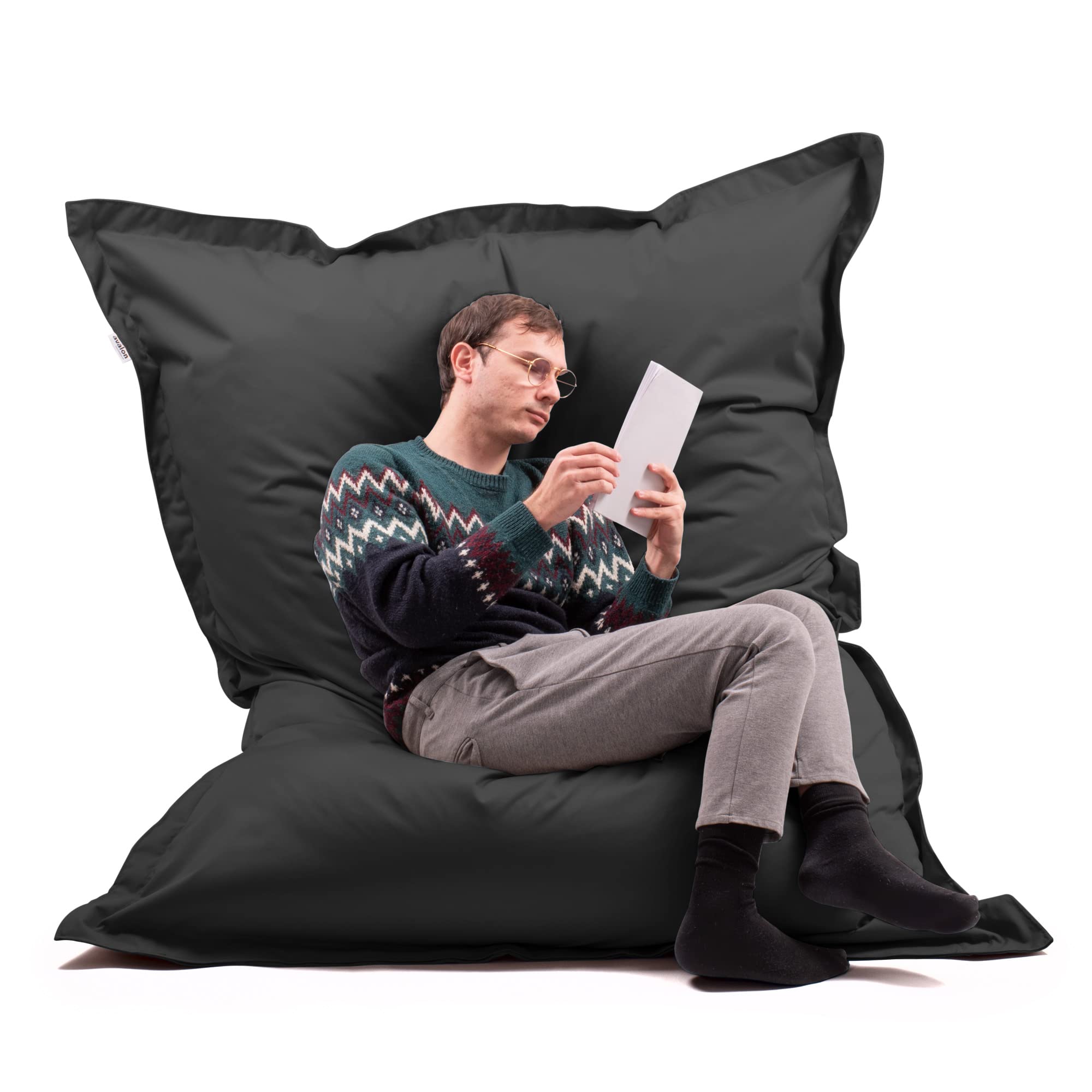 Avalon - Puff Poltrona Sacco Cuscino Gigante Thin 600L Deluxe Sfoderabile, Pouf Sacco Sartoriale, Bean Bag Tessuto Antistrappo/Impermeabile con Sacca Interna, Made in Italy (200x140cm-Nero)