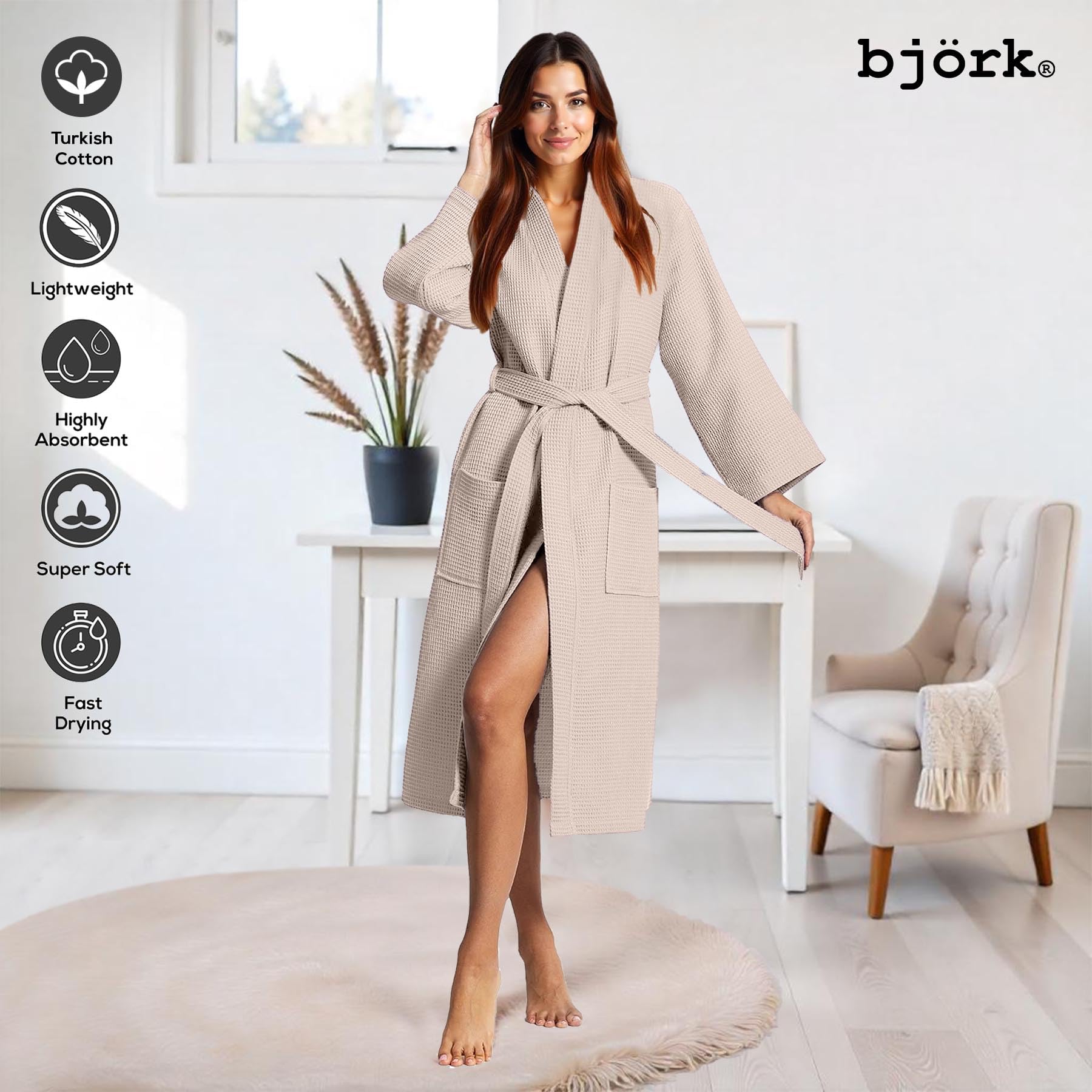 Björk Waffel-Bademantel für Damen und Herren – 100% Baumwoll-Frottee, leicht und saugstark mit Schalkragen und Bademantelgürtel – perfekt für Spa, Zuhause und Hotel