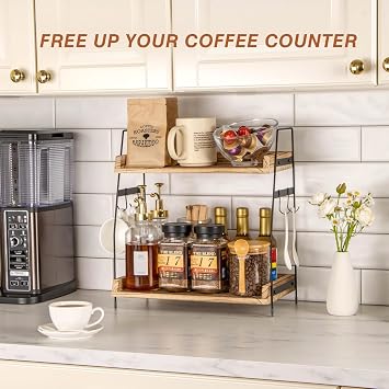 PUERSI Coffee Station Organizer, 2 Tier Coffee Bar Accessories Storage Rack | Wooden Kitchen Storage & Organization with Hooks, Countertop Shelf for Home, Kitchen, Office, Bathroom - Brown