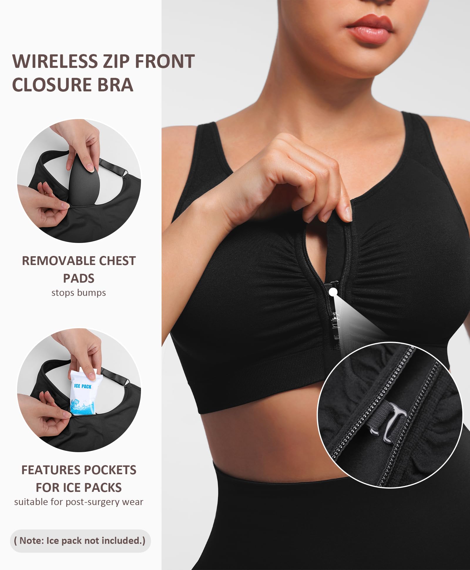 FeelinGirl Soutien-gorge à fermeture éclair sur le devant pour femme, sans armatures, soutien-gorge de compression post-chirurgie avec larges bretelles réglables