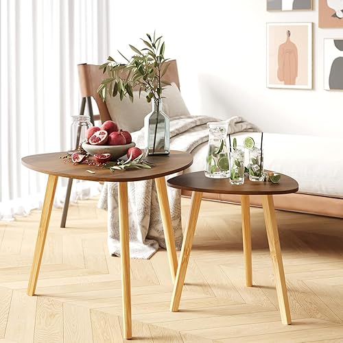 Miniatura 4 de BAMEOS Mesa auxiliar triangular anidable de bambú, juego de 2 mesas de café modernas y minimalistas para sala de estar (Nogal)