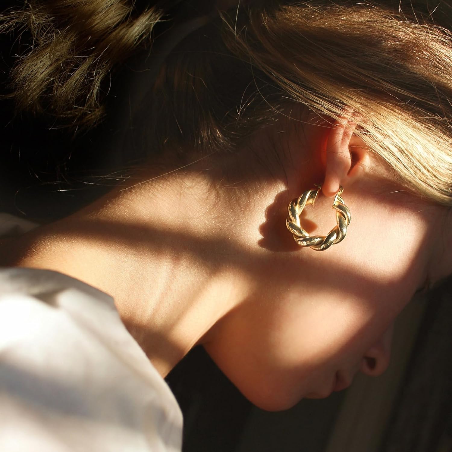 Twisted Gold Hoop Earrings for Women, Thick Chunky Hoops Hypoallergenic Vintage Twist Earings Big - Image 4