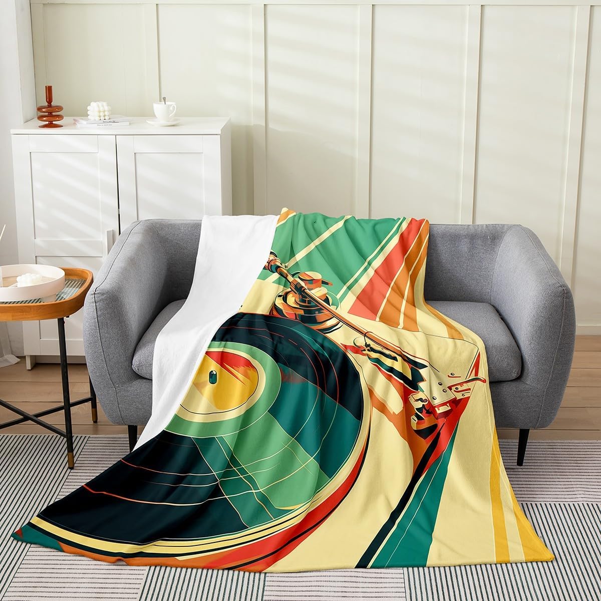 jejeloiu 83s Retro Vinyl Record Fuzzy Blanket Throw 50"x60" Music Notes Flannel Fleece Throw Blanket Music Player Vintage Music Bed Blanket Green Yellow Plush Blanket Flannel Fleece Throw Blanket