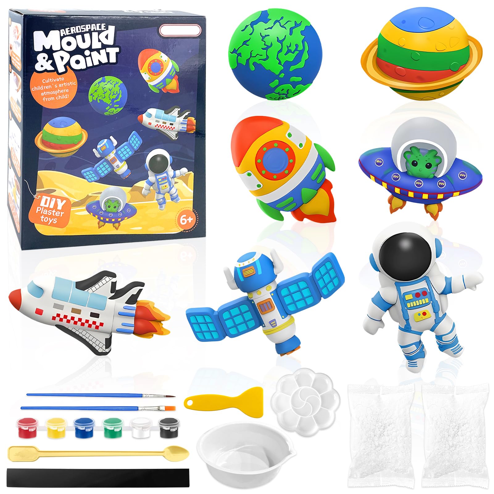 TOPJOWGA Conjunto de Pintura para Crianças, Arte y Manualidades para Niños, Juego Manualidades de Yeso, Kit Pintura Niños Figuras para Pintar, con Moldes y Accesorios (Espacio)