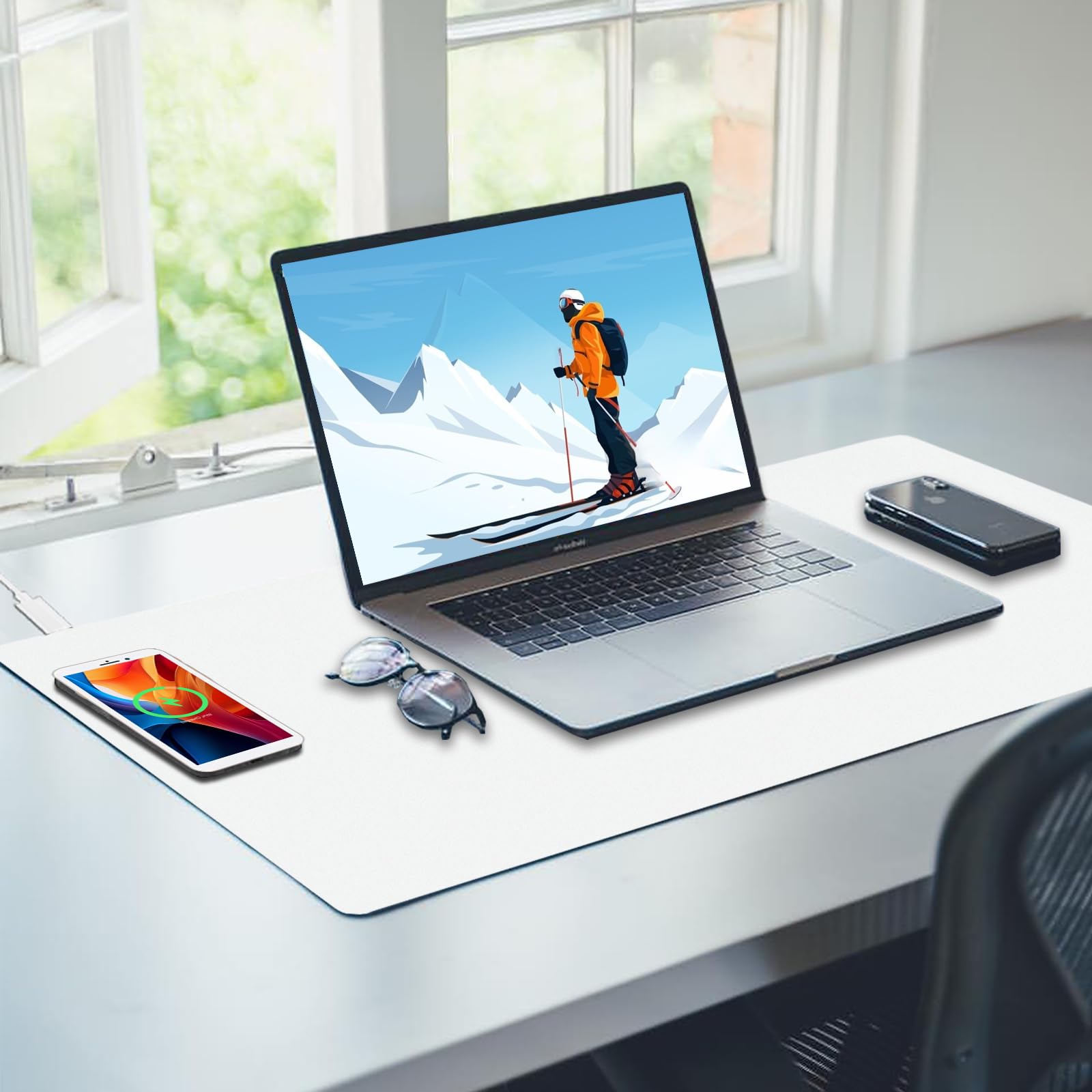 Tappetino da scrivania con ricarica wireless, tappetino per mouse bianco con caricabatterie wireless, tappetino da scrivania opaco per desktop, tappetino per mouse da gioco, tappetino per mouse grande