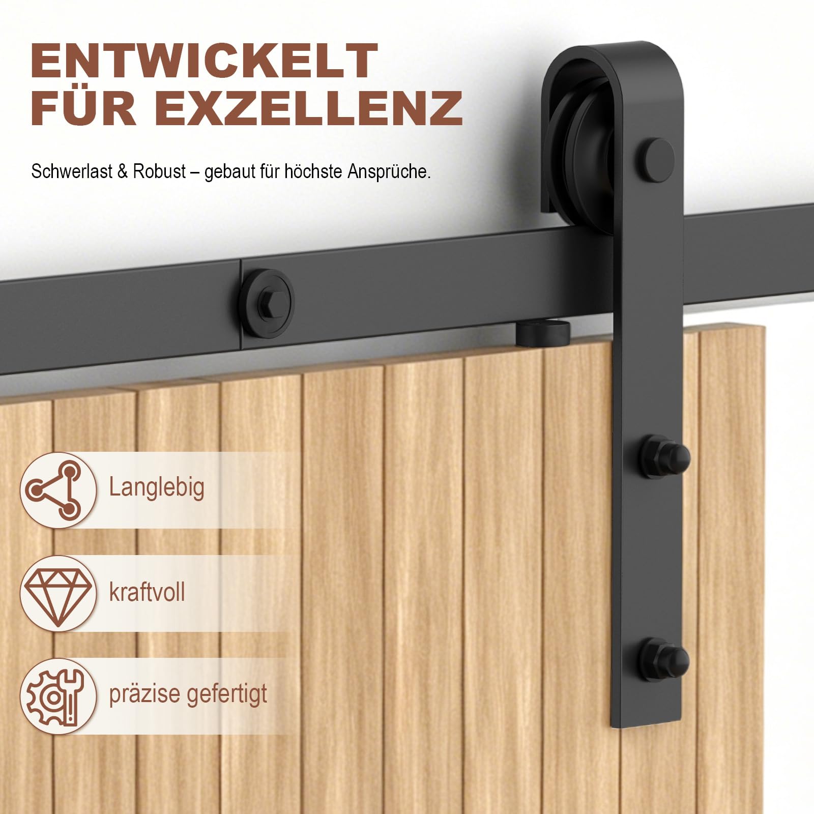 Kit complet de porte coulissante 200 cm, pour un poids de porte jusqu'à 150 kg, largeur de porte 85-95 cm et épaisseur 35-45 mm, avec glissière, roulettes, guidage au sol, acier au carbone noir