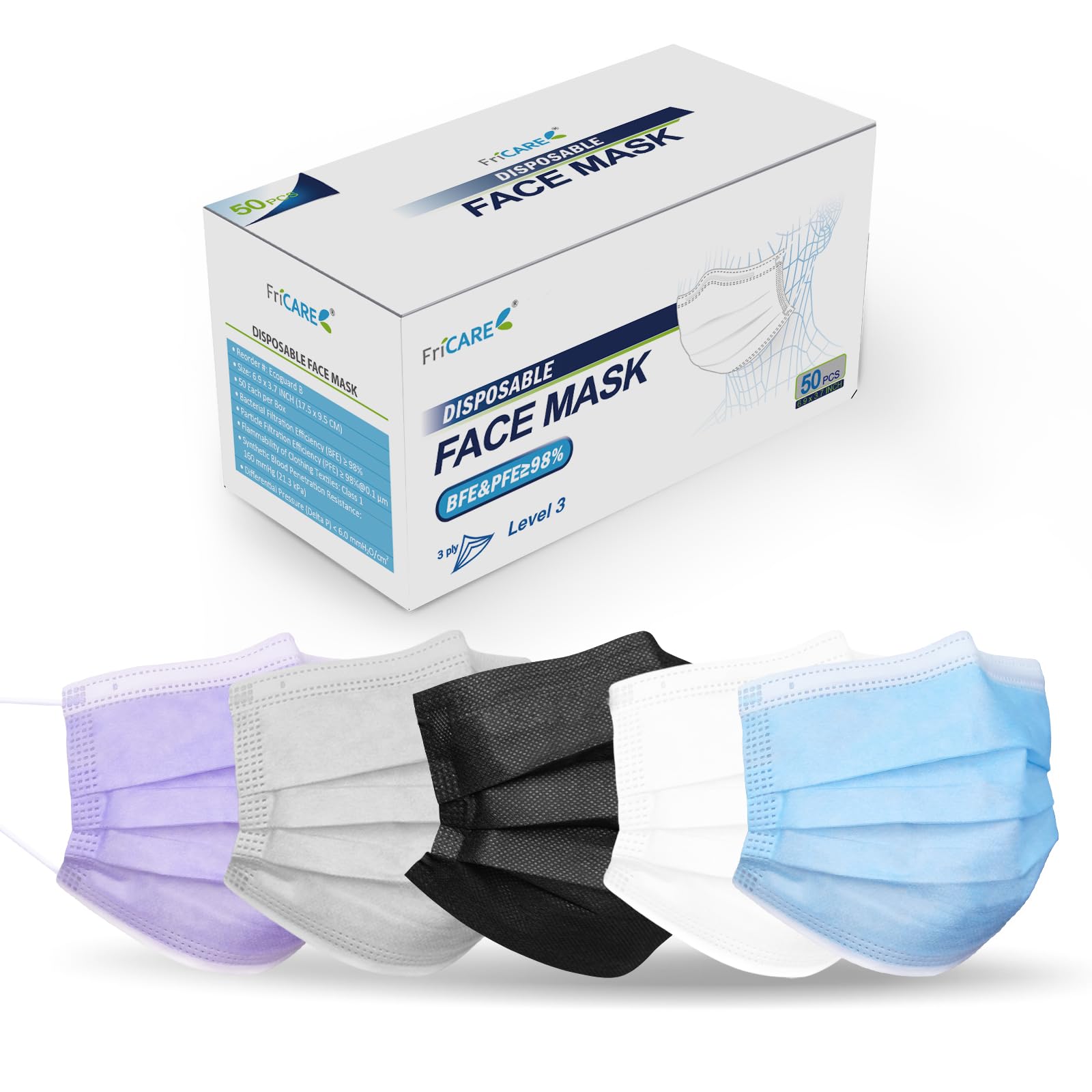 FriCARE Disposable Face Masks for Adults, 3 Ply ASTM Level 3 Medical Grade