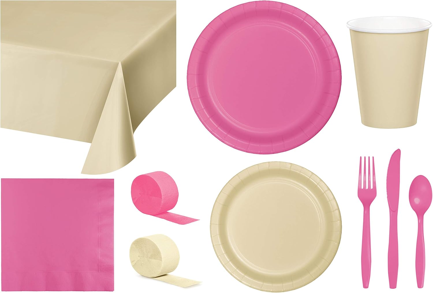 Baxters Party Bundle Bulk, Tableware for 24 People Magenta Pink and Candy Pink, 2 Size Plates Napkins, Paper Cups Tablecovers and Cutlery, Box of 199