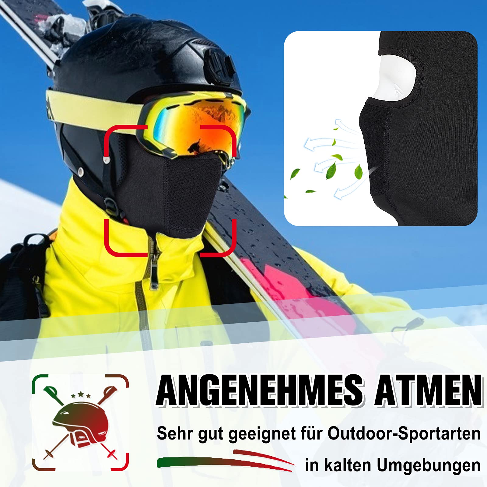 HASAGEI - Passamontagna traspirante per il viso, maschera da sci invernale, adatto per andare in moto, unisex, Nero , taglia unica