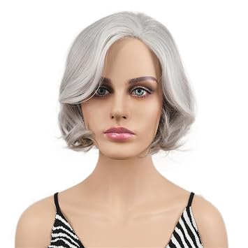 Wiginway Women Wavy Bob Grey White Wigs Short Synthetic Wig Halloween Cosplay Party Hair 54+SG Grey