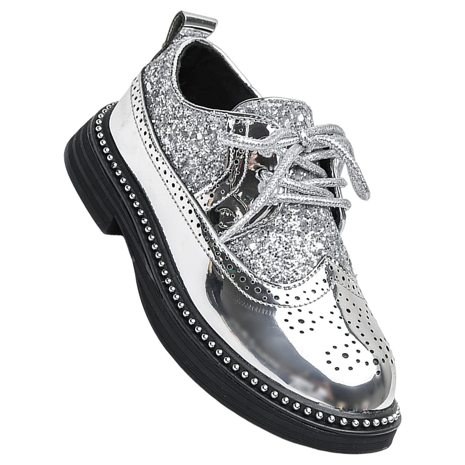 rismart Ragazzi Ragazze Stringata Brogue Oxfords Punta Rotonda Scintillante Paillettes Scarpe da Vestito Formali