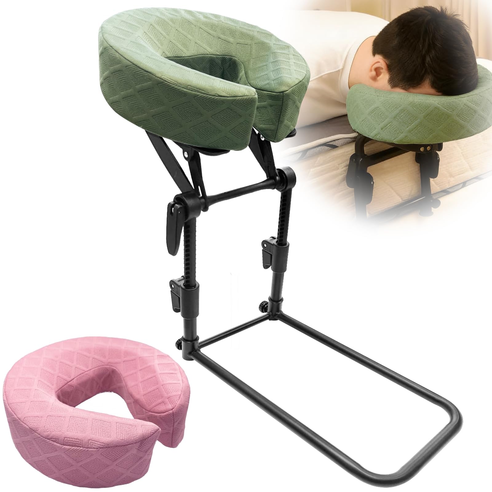 Massage Headrest for Bed, Home Mattress Top Massage Kit, Adjustable Massage Table Head Holder for Professional and Home Use with 2 Pack of Removable & Washable Pillowcases (Green & Light Pink)