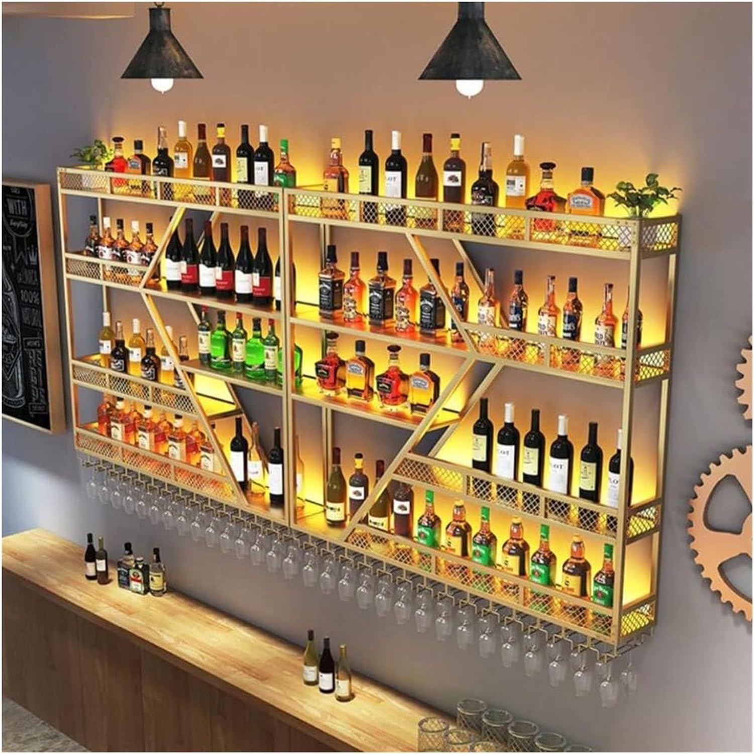 Portabottiglie da parete con luce LED, ripiani galleggianti in metallo per bottiglie e vetri, per bar, soggiorno o ristorante