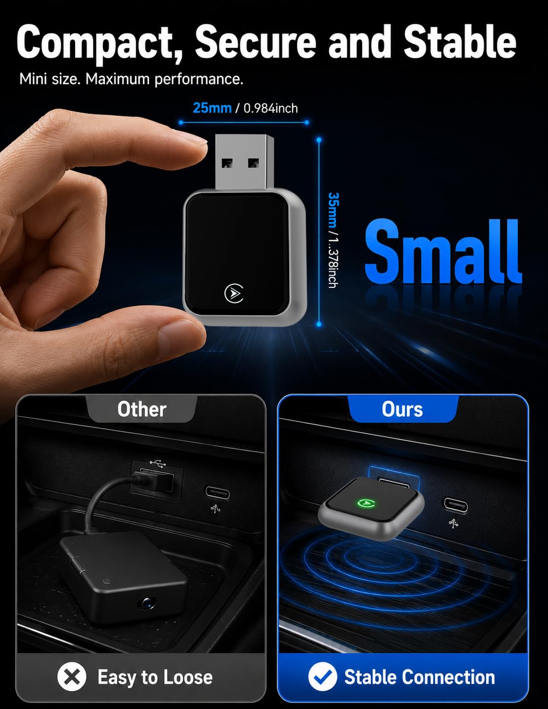 BOZIZI Adattatore Wireless CarPlay USB per iPhone, Bluetooth 5.3 e Wi-Fi 6, connessione automatica e zero-delay, adattatore wireless Android per sistemi Android e iOS (grigio chiaro)