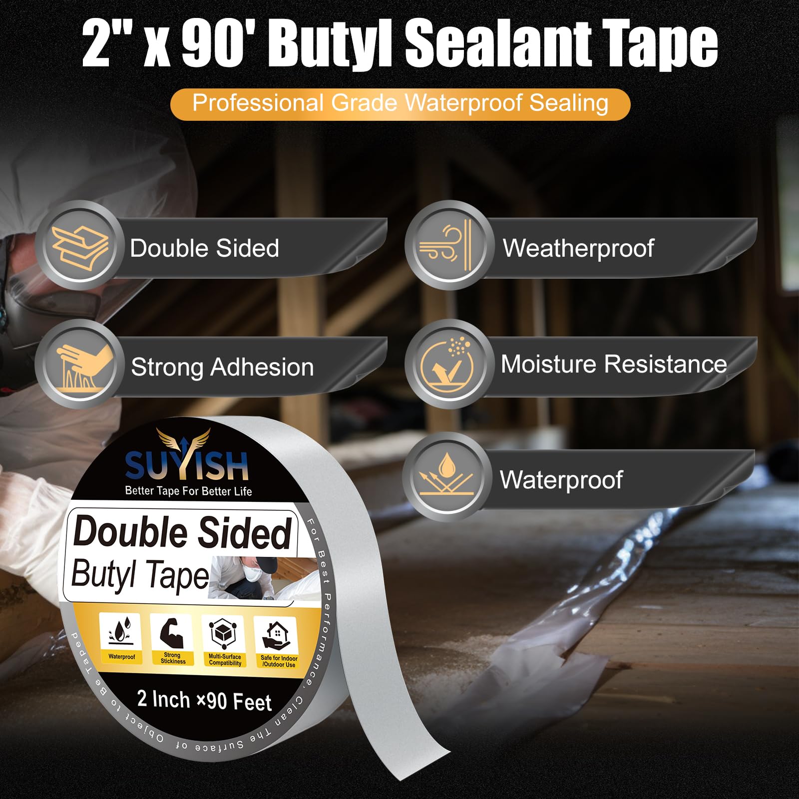 Lot de 2 rubans d'étanchéité butyle double face 5,1 cm x 228,6 m – Ruban butyle noir pour ramper, béton, brique, calcaire et autres fondations de sous-sol (imperméable, résistant aux intempéries