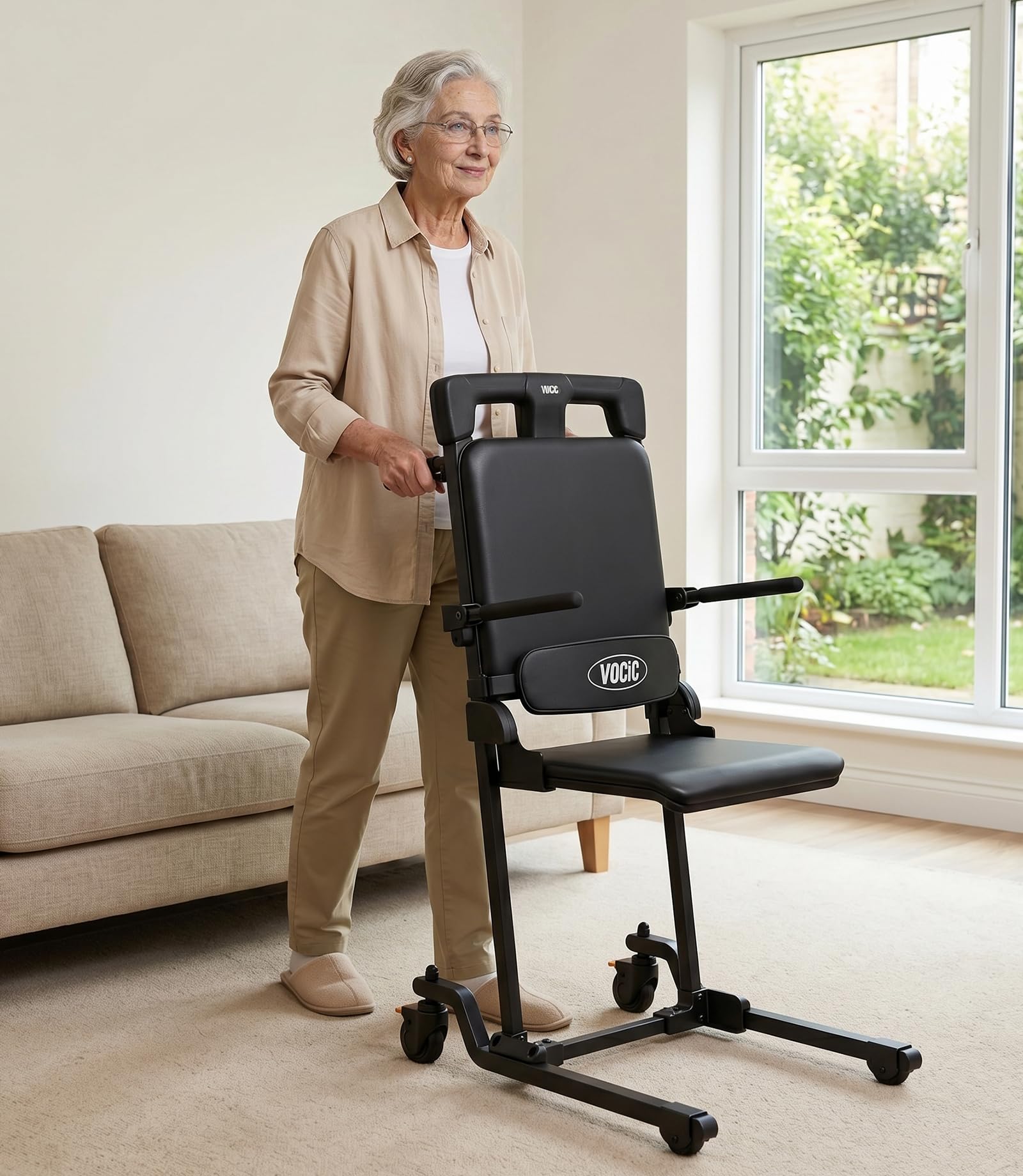 VOCIC Movable Electric Chair Lift, Floor Lift for Elderly Falls with Leather Padded Seat, Short-Distance Transport, Help Stand from Floor for Seniors, Supports 440 LBS, (AX35 PRO, Black)