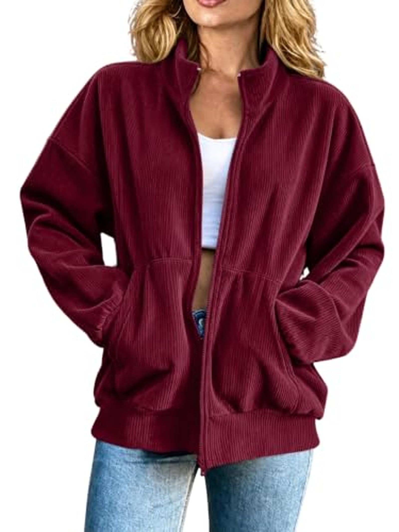 Oversized Jacket For Women Full Zip Stand Collar Long Sleeve With Pockets