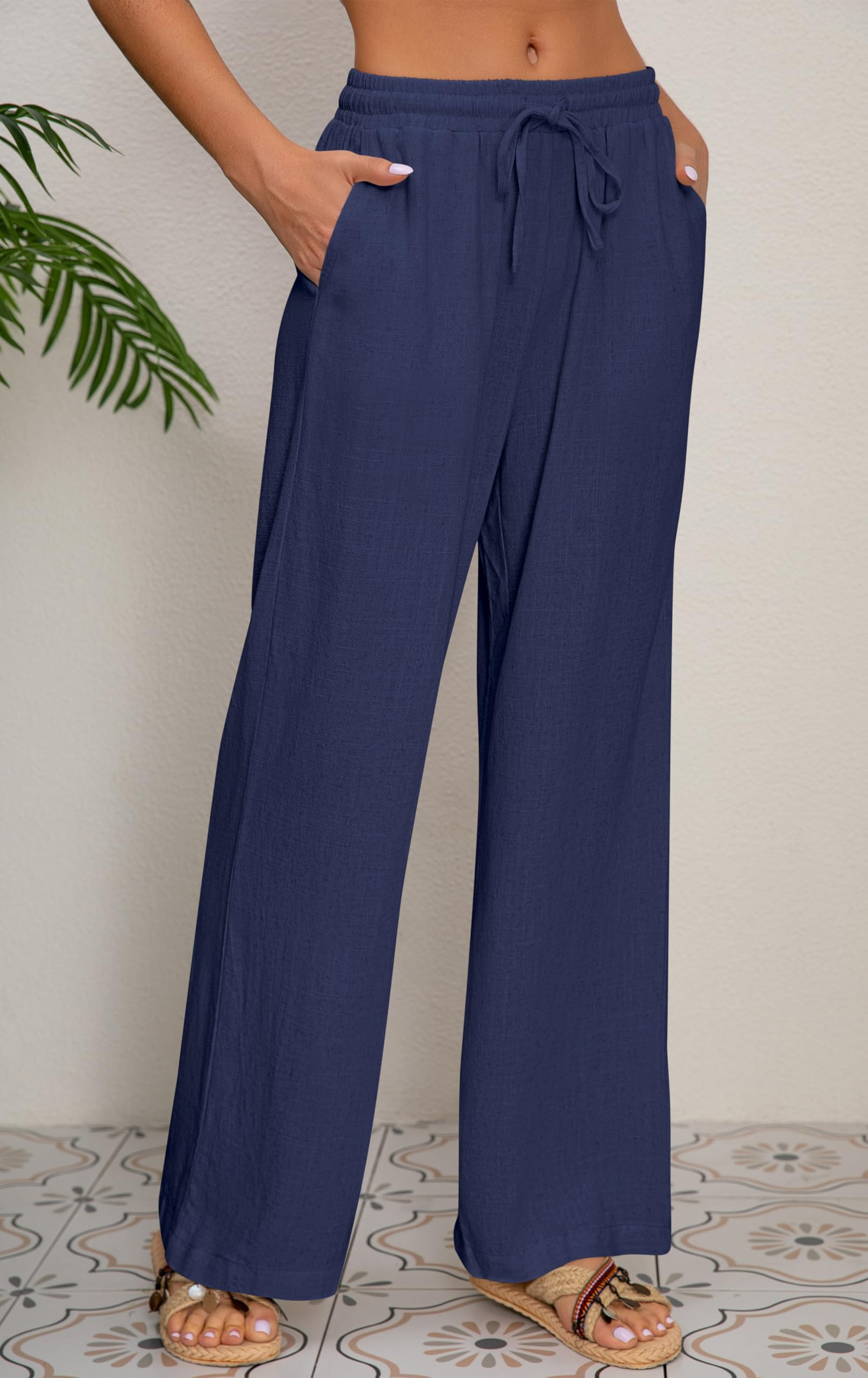 WESTGUY Pantaloni lunghi da donna in lino, a gamba larga, in cotone, con coulisse e tasche