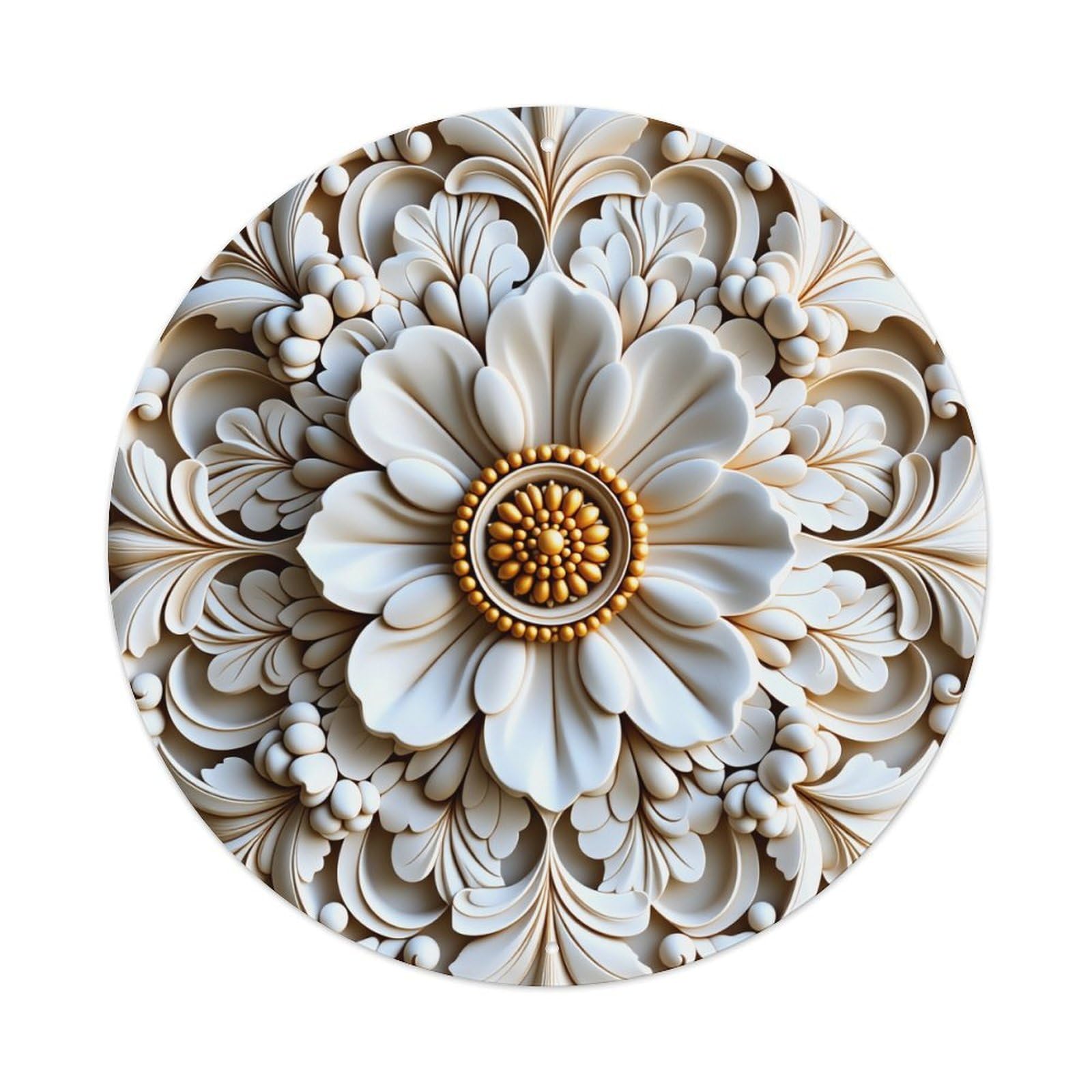 Floral Relief Pattern With Central Daisy And Ornate Leaves Round Vintage Tin Sign,Retro Wall Art,Metal Poster for Home, Bar, Garage, Cafe, Rustic Indoor & Outdoor Decor, 8x8 Inches