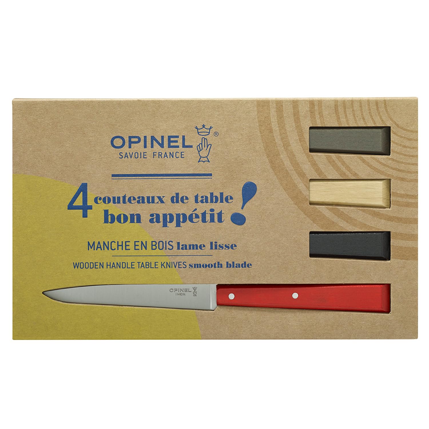 Opinel - Boîte de 4 Couteaux de Table N°125 Bon Appétit Loft - Lame Acier Inox - Manche Charme - Fabrication Française - Rouge, Noir, Bois Naturel et Poivre