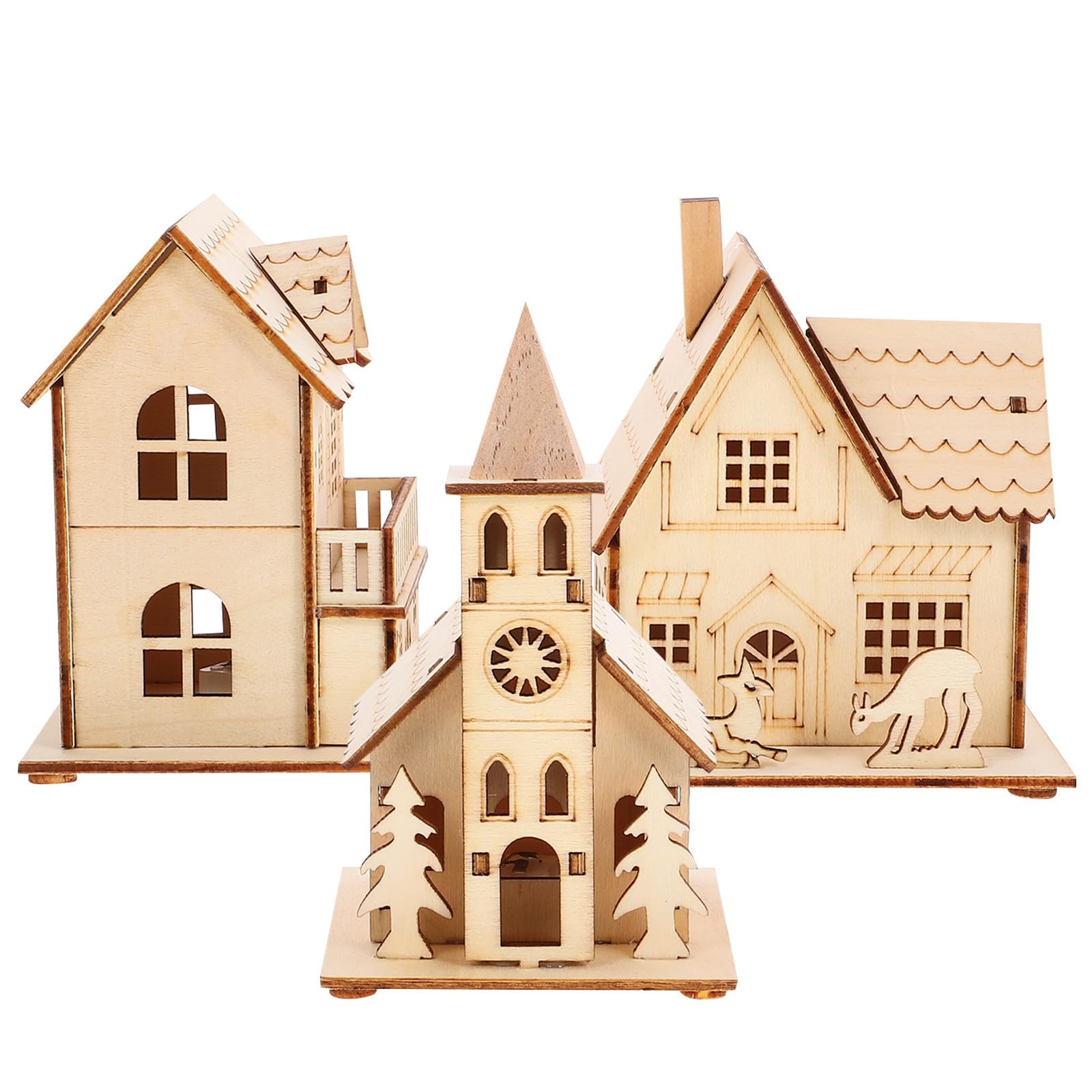 Garneck 3 Piezas Adorno Luminoso de Madera Diseño en Forma de Casita para Decoración Navideña, Luz Suave y Estructura Exquisita Adecuado para Fiestas de Navidad