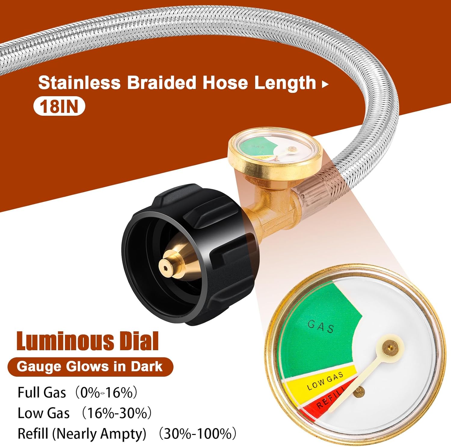 RV Propane Regulator 2 Tank-2-Stage Auto Changeover LP Propane Regulator, 18 Inch Pigtail Hoses (2 Pcs) with Gauge, 1/4" Inverted Male Flare / QCC1 Fitting, 3/8" NPT Female, for RVs,Trailers, Camper